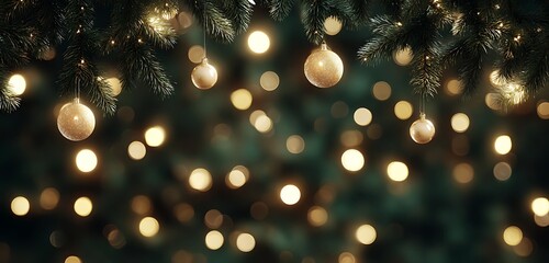 Christmas tree lights twinkling against a dark background, soft glow surrounding the ornaments, captured in HD detail