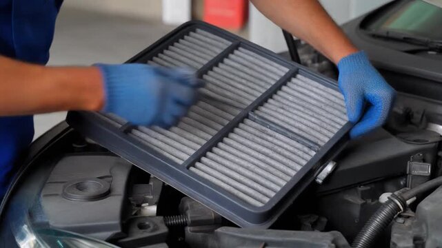 closeup of mechanic replacing air filter inside engine bay