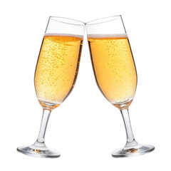 Cheers with two elegant champagne flutes filled with sparkling beverage against transparent background, perfect for celebrations and toasting