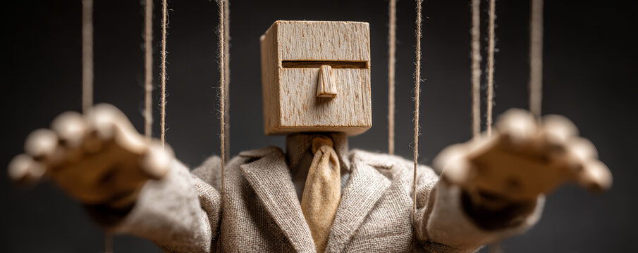 Wooden puppet with strings wearing beige suit and tie, reaching forward with blurred hands in dramatic lighting