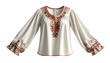 Cream-colored blouse with long, billowy sleeves and red floral embroidery at the collar and cuffs