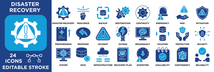 Disaster recovery icon set editable stroke  featuring backup, resilience, continuity, risk mitigation, data protection, system recovery, and emergency response. solid illustration 