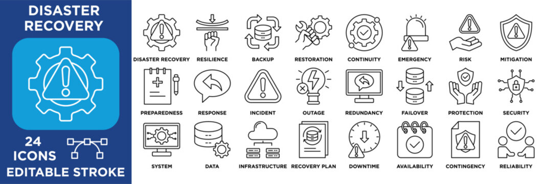 Disaster recovery icon set containing backup, resilience, continuity, risk mitigation, system protection, data recovery, and emergency response. outline editable stroke