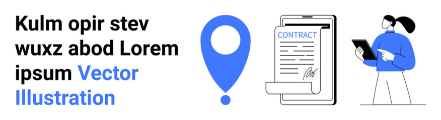 Business, navigation, agreements, location, document signing, teamwork. A contract document with a location marker alongside professionals discussing on a tablet. Business and navigation concepts