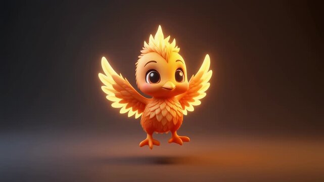 A cute, cartoon-style baby phoenix with glowing orange and yellow fiery wings and head feathers, standing on a dark background.