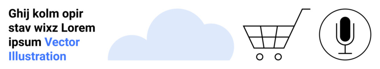 Cloud computing, online shopping, voice technology, digital services, modern communication, data storage. A cloud, shopping cart and microphone icon. Cloud computing and online shopping concepts