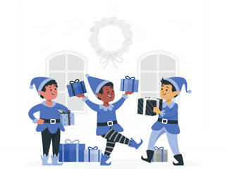 Three joyful elves celebrating with gifts in a festive winter scene indoors near windows.