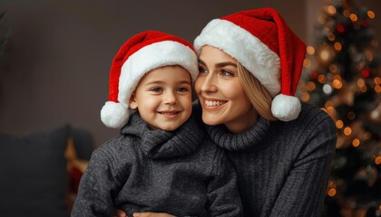 Mother and young child wearing festive headwear smile together near illuminated decorations