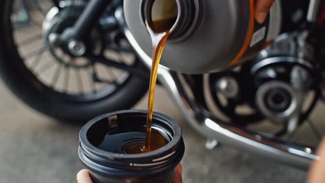 closeup of pouring motorcycle oil change into cup on the garage