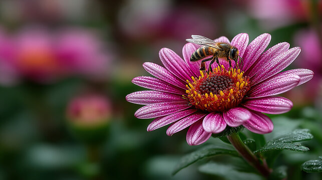 A bee on a pink flower collecting nectar with a blurred background. - Powered by Adobe