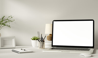 Elegant workspace with a laptop and essential stationery items. 3D render illustration