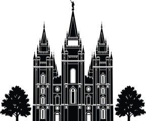 Salt Lake Temple silhouette vector illustration, iconic Mormon landmark architecture, historic religious building, black and white design, isolated on background