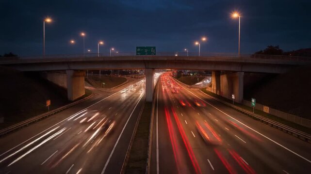 slow slider movement long exposure shot of vehicles moving on highway overpass at dusk