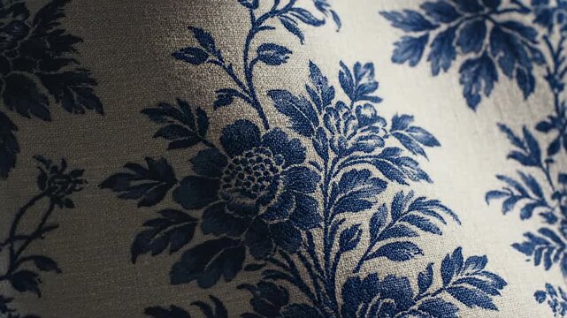 Gentle dramatic lighting sweeps across a stationary elegant blue toile botanical repeat pattern emphasizing the woven fabric texture and vintage design vintage, classical motif, artistic lighting