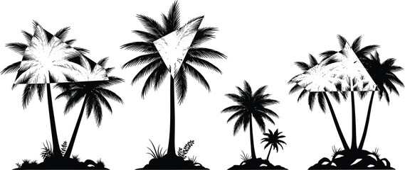 Abstract Geometric Palm Tree Silhouette Vector Set, Tropical Beach Scene with Triangle Overlay, Modern Exotic Graphic Design Collection