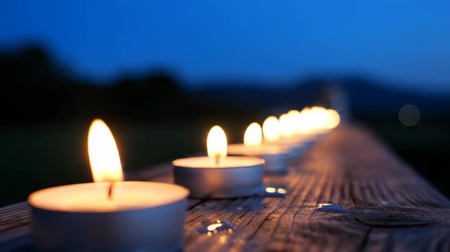 Gentle handheld shot tracking horizontally along a row of simple white burning candles placed on a wooden ledge outdoors during the blue hour nightfall, ceremony, winter