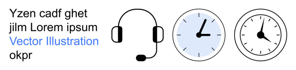 Customer support, time management, global communication, scheduling, service industry, remote work. Headset with microphone and two analog clocks in different time zones. Customer support and time
