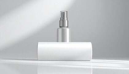 Obraz premium Minimalist cosmetic spray bottle atop a rectangular packaging element