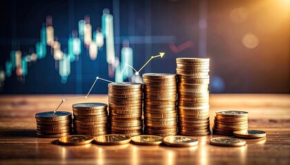 Gold coin stacks with upward arrow in front of a fluctuating chart