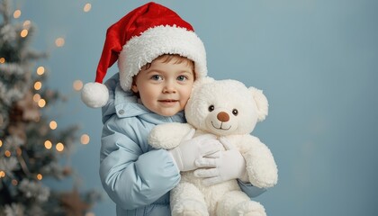 Young child wearing festive headwear hugs a fluffy white stuffed animal indoors near holiday decoration