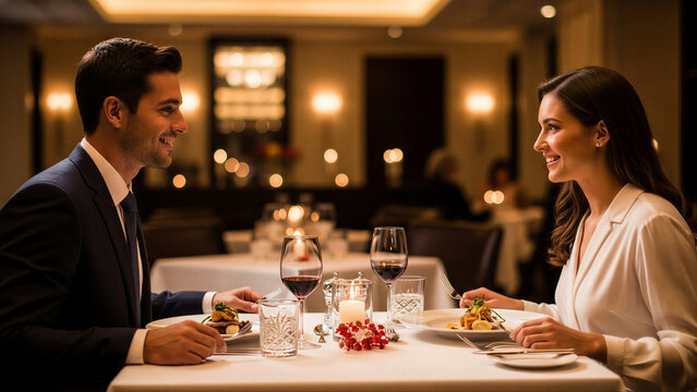 Smiling young couple enjoying a romantic dinner date in an upscale restaurant with warm lighting for a relationship concept and intimate ambiance