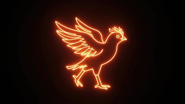 A glowing neon orange outline of a bird with a crest and spread wings against a dark background, creating a vibrant and minimalist visual.