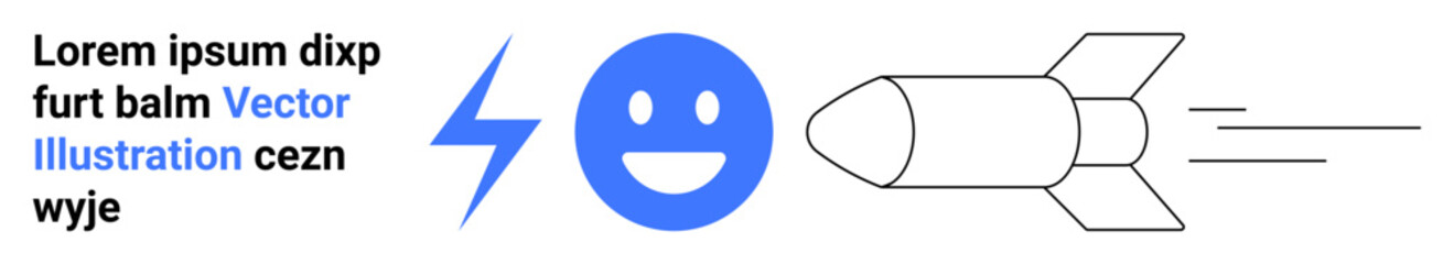 Technology, innovation, speed, communication, energy, progress. Blue happy face next to a lightning bolt and streamlined rocket graphic. Technology and innovation concept