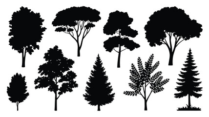 Assorted black tree silhouettes showcasing different shapes and foliage types on a white background