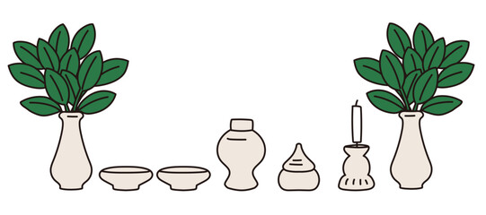 Japanese Kamidana Shinto Ritual Tools Vector Illustration