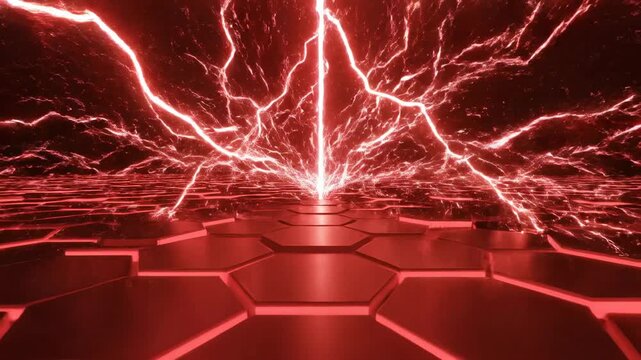 Geometrically stylized angular red lightning bolts flashing erratically across a futuristic black and deep red hexagonal tile grid background lightning, network, conceptual