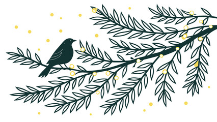 Silhouette of a bird on a pine branch with festive lights winter holiday illustration for greeting c