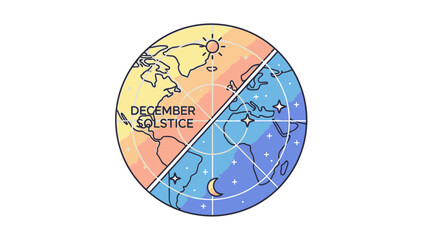Illustration of a globe divided into day and night sides with December Solstice text on a white background, conveying a seasonal and astronomical theme for Happy New Years celebrations.