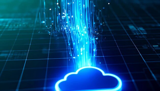 Digital data stream flowing into a cloud computing icon over a futuristic network background, data transfer.