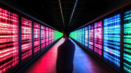 Obraz premium Silhouette walking in neon server corridor with colorful LED panels creating futuristic mood