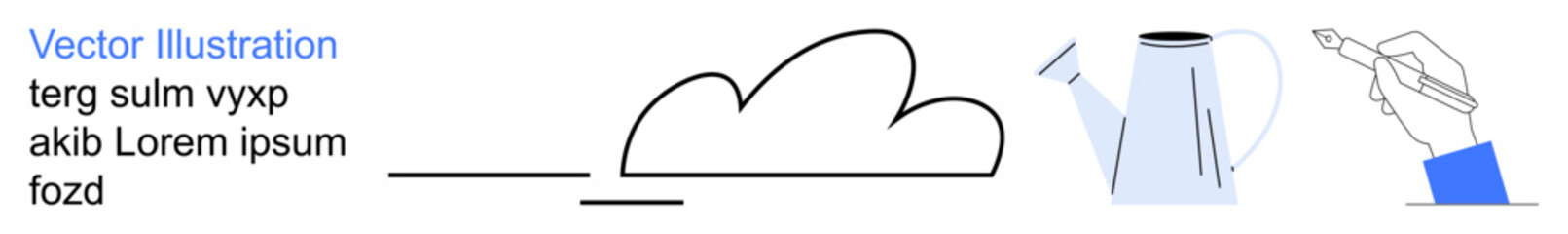 Sustainability, creativity, environment, education, gardening, minimalism. Abstract drawing of a cloud, watering can and hand holding a pen. Sustainability and creativity