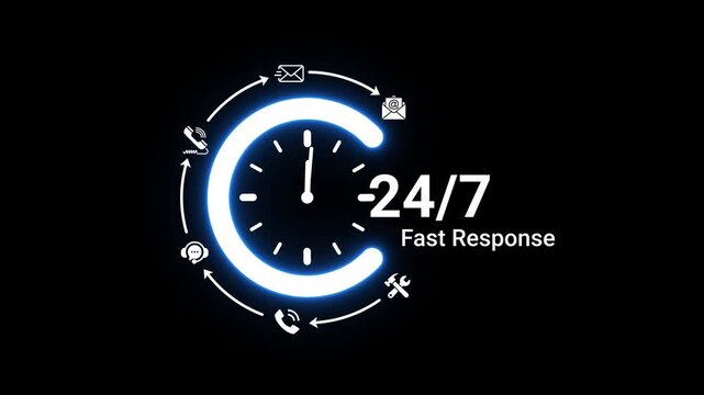 Glowing blue neon clock with communication and 24/7 fast response text on black background Keywords: 24/7, support, service, clock, time, round, circular, neon, glow, blue, white, communication