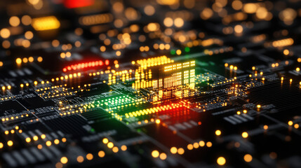 Abstract circuitry silhouette glowing with warm bokeh lights and colorful signal highlights