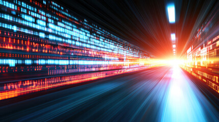 Highway of glowing data lights streaming toward bright horizon with dynamic motion blur