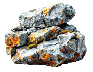 Stacked, jagged grey rocks with orange lichen and small tufts of green moss