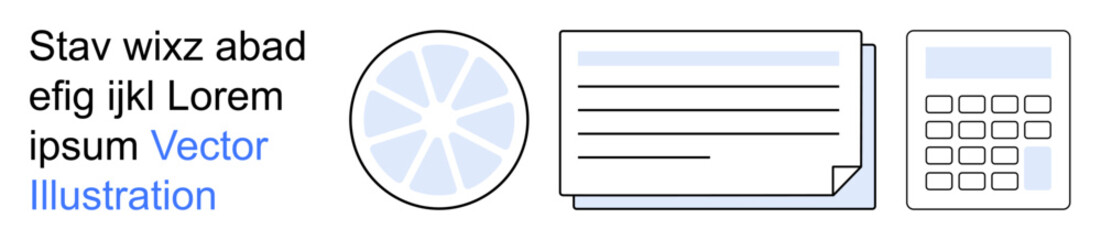 Obraz premium Small business, accounting tools, finance management, office workflow, data entry, business strategy. Circular graphic, a document card and a calculator icon. Small business and accounting tools