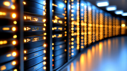 High density server rack corridor with glowing status lights and reflective floor, futuristic