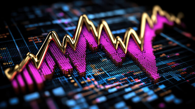 Golden edged magenta financial chart rising and falling over digital grid with glowing data - Powered by Adobe