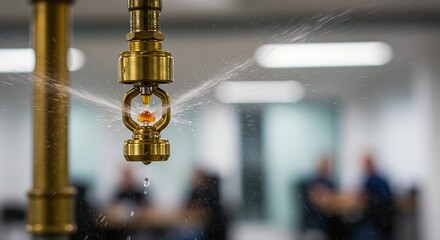 Close-up shot of a triggered sprinkler head emitting water, creating a safety net in an office environment