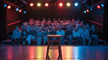Empty wooden stool on a stage with a blurred audience in the background illuminated by colorful stage lights
