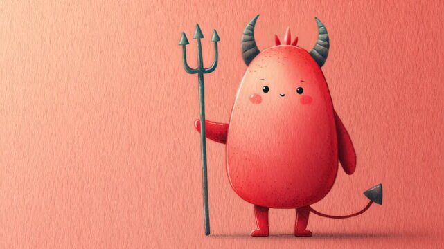watercolor illustration of cute devil character with tiny horns and trident, pastel red background, minimal halloween figure