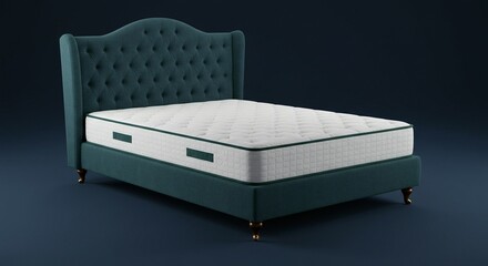 Elegant bed with deep blue upholstered headboard and base, topped with a fresh white mattress for a restful sleep.