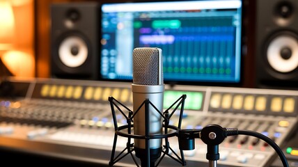 Professional condenser microphone in a modern recording studio with a digital audio workstation on a computer screen and sound mixing console