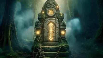Mystical ancient portal with glowing runes in a foggy forest
