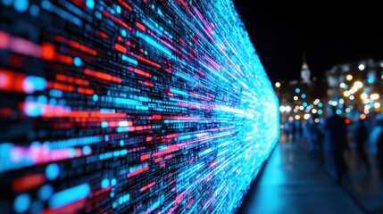 Neon data stream digital wall urban night bokeh lights motion blur