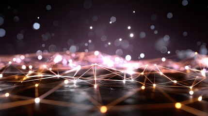 Abstract digital landscape with glowing connections and sparkling particles representing networks and technology in a dark environment